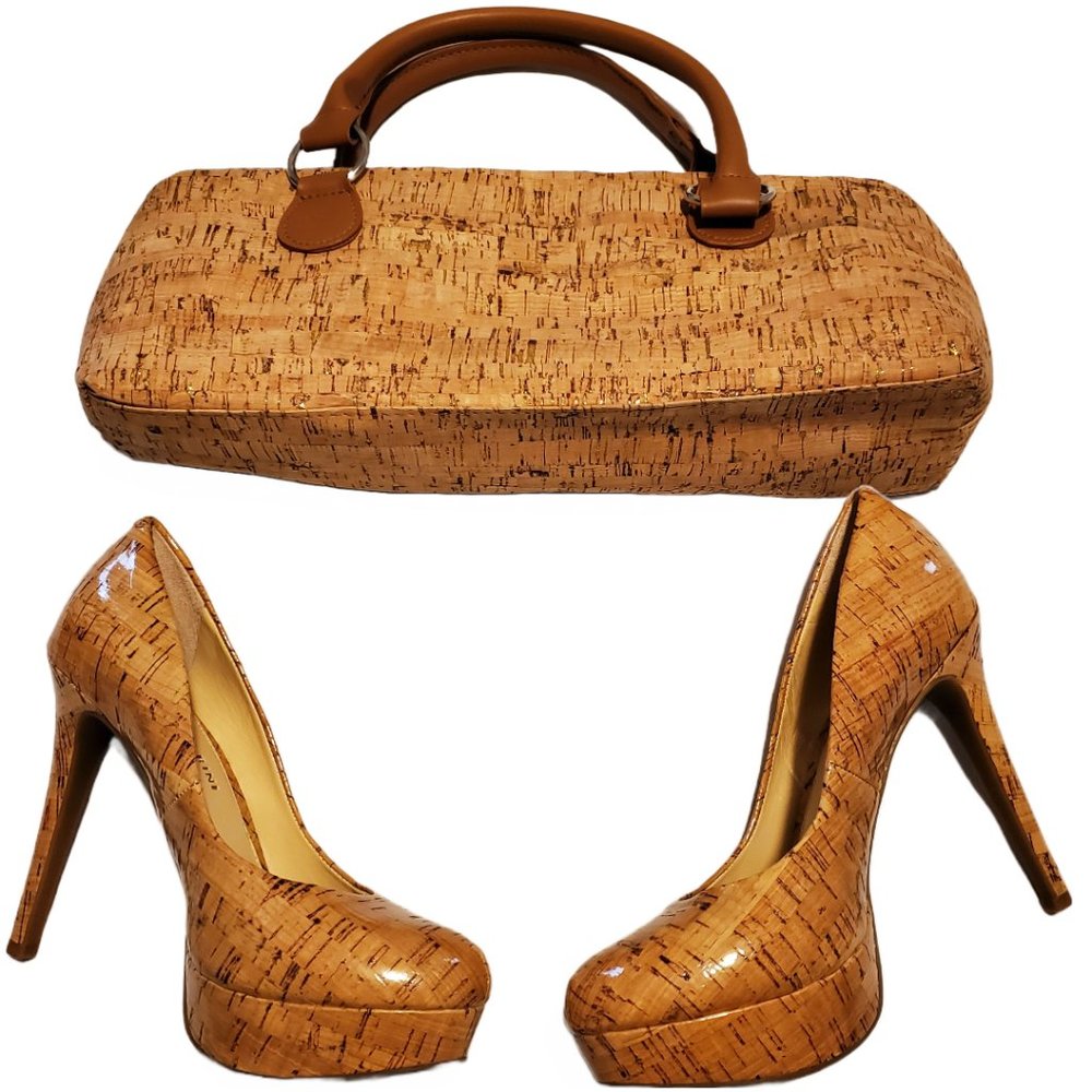 Gianni Bini Patent Leather Cork Platform Heels Size 8 & Primeware Cork Wine Bag